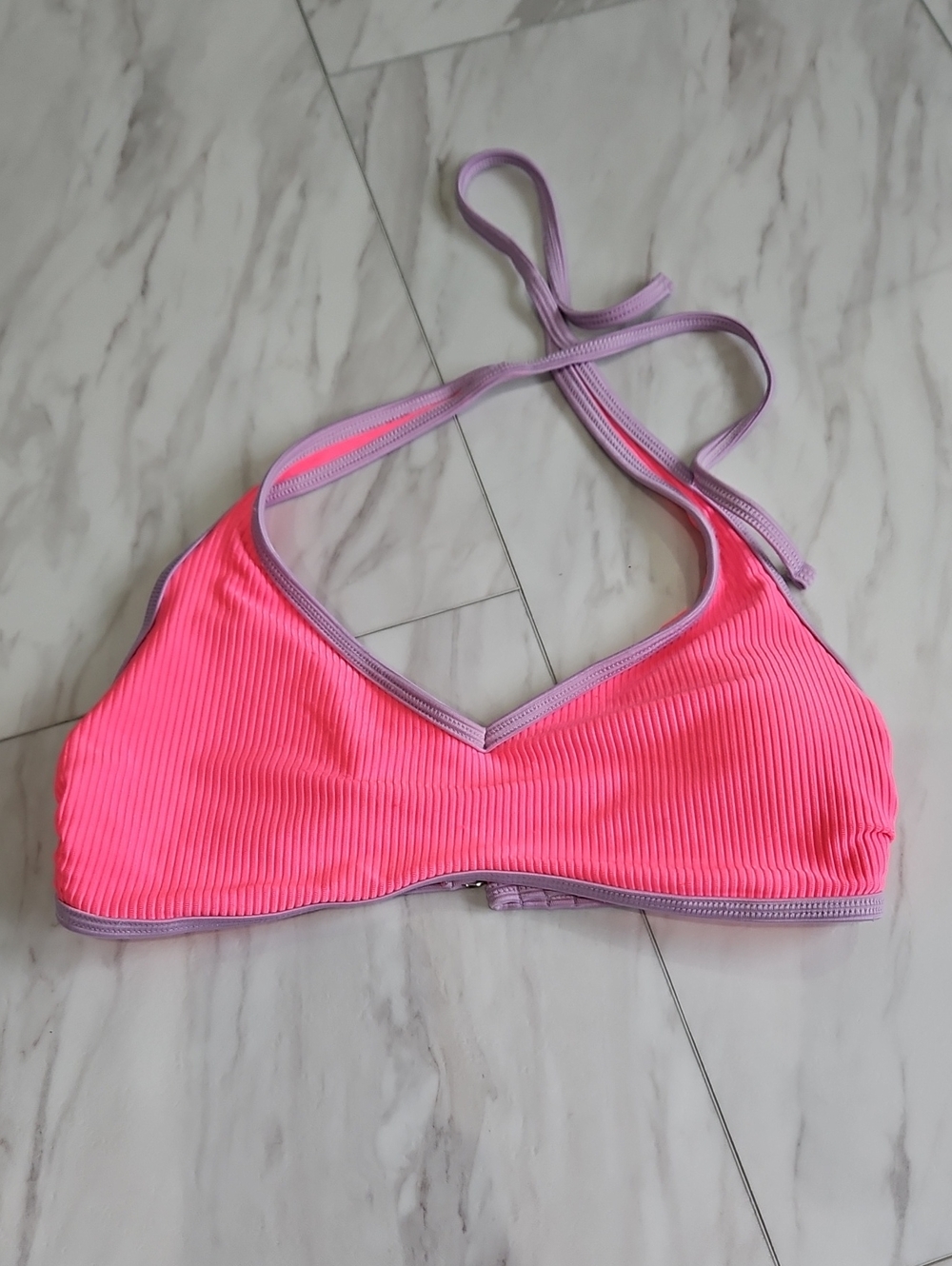 Neon Pink Ribbed Halter Bikini Top with Lavender Trim